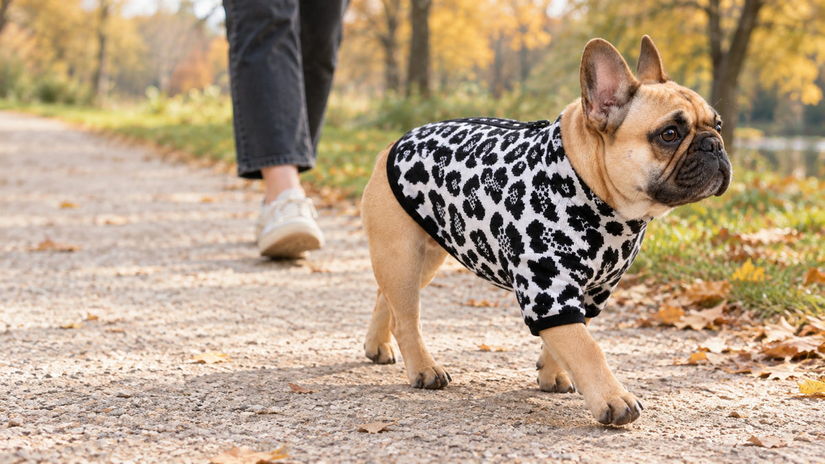 Bulldog francese in passeggiata con la maglia tecnica BeWoof Leopard. Campagna BeWoof creata con AI.
